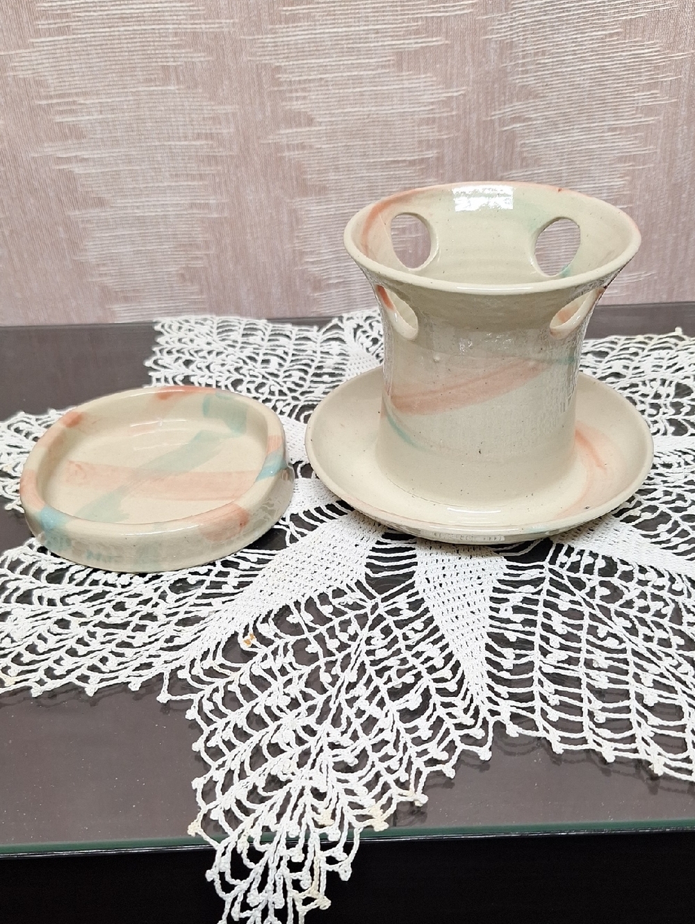 Handmade Ceramic Vase & Tray Set in Cream with Pastel Accents
